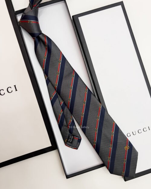 Gucci Grey HORSEBIT STRIPED SILK TIE