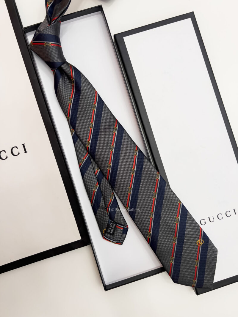 Gucci Grey HORSEBIT STRIPED SILK TIE