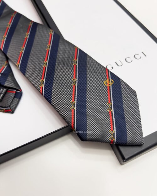 Gucci Grey HORSEBIT STRIPED SILK TIE