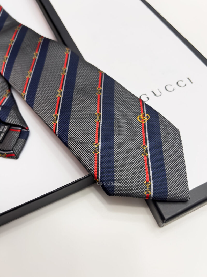 Gucci Grey HORSEBIT STRIPED SILK TIE