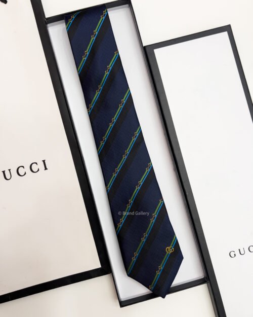 Gucci Navy HORSEBIT STRIPED SILK TIE