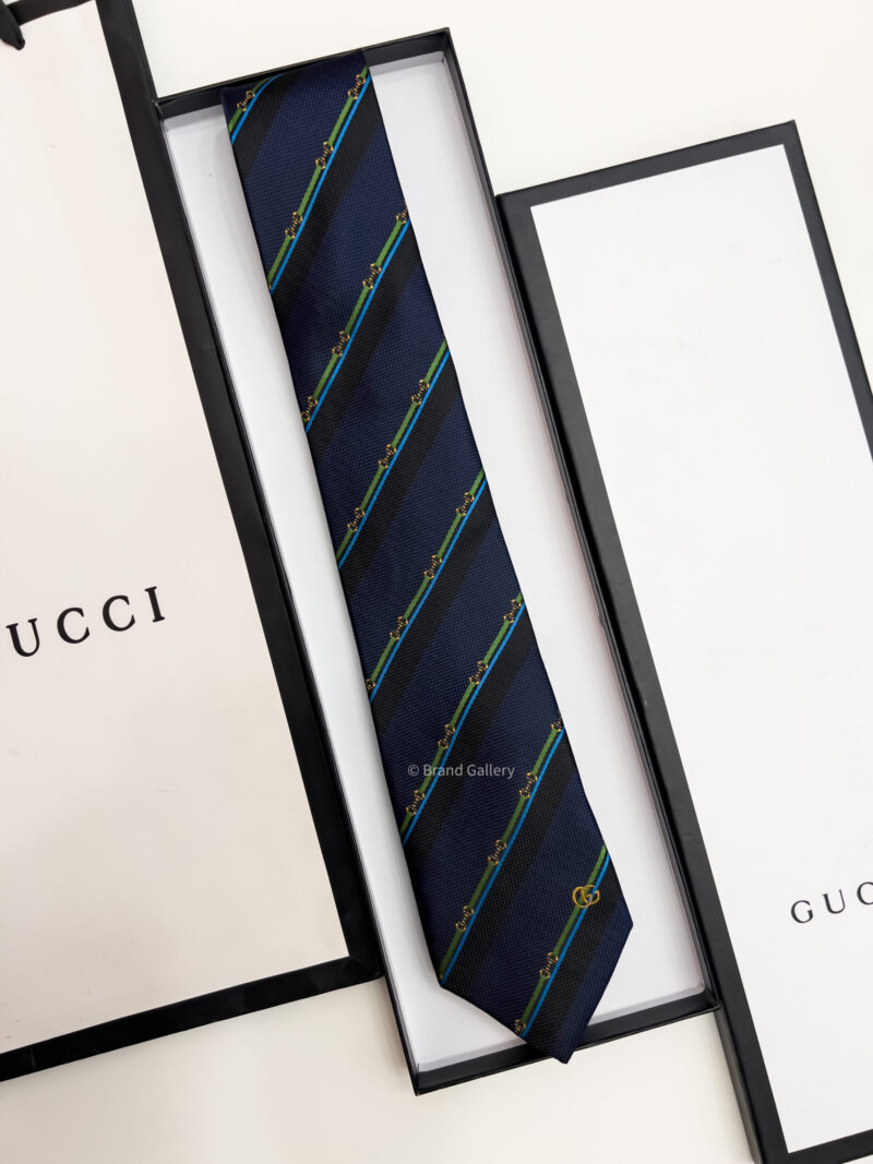 Gucci Navy HORSEBIT STRIPED SILK TIE