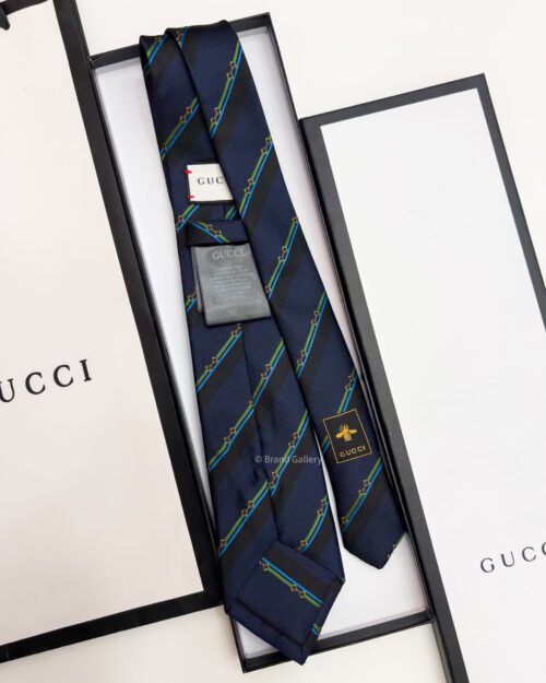 Gucci Navy HORSEBIT STRIPED SILK TIE