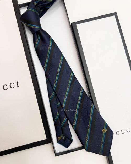 Gucci Navy HORSEBIT STRIPED SILK TIE