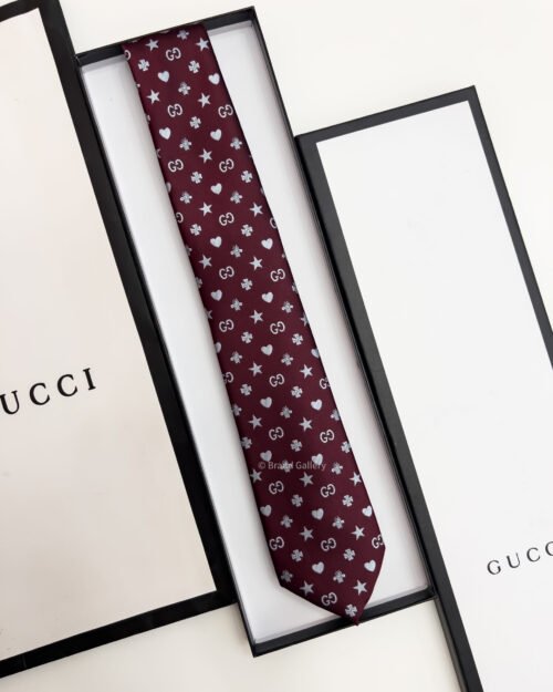 Gucci Maroon GG STARS HEARTS PATTERN SILK TIE