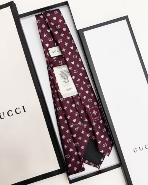 Gucci Maroon GG STARS HEARTS PATTERN SILK TIE