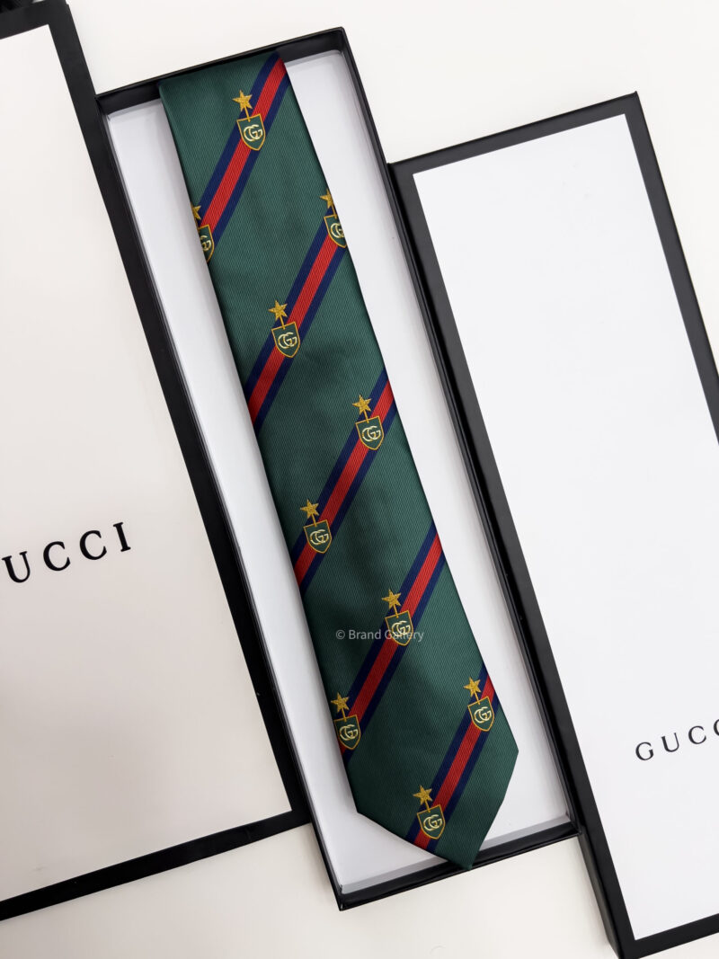 Gucci Dark Green WEB CREST SILK TIE