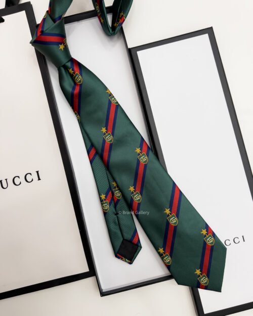 Gucci Dark Green WEB CREST SILK TIE