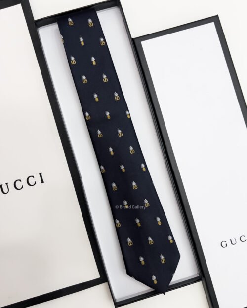 Gucci Navy Black GG AND PINEAPPLES SILK TIE