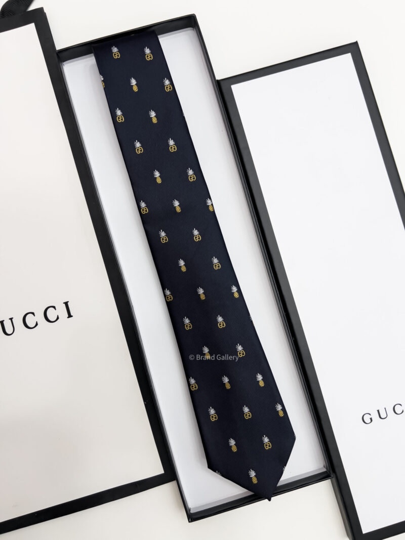 Gucci Navy Black GG AND PINEAPPLES SILK TIE