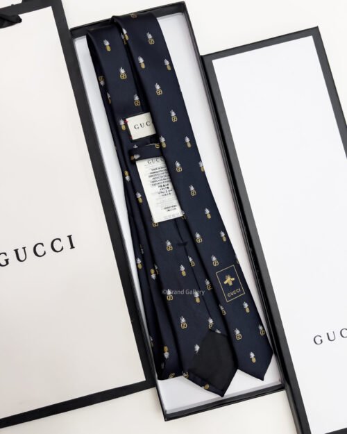Gucci Navy Black GG AND PINEAPPLES SILK TIE