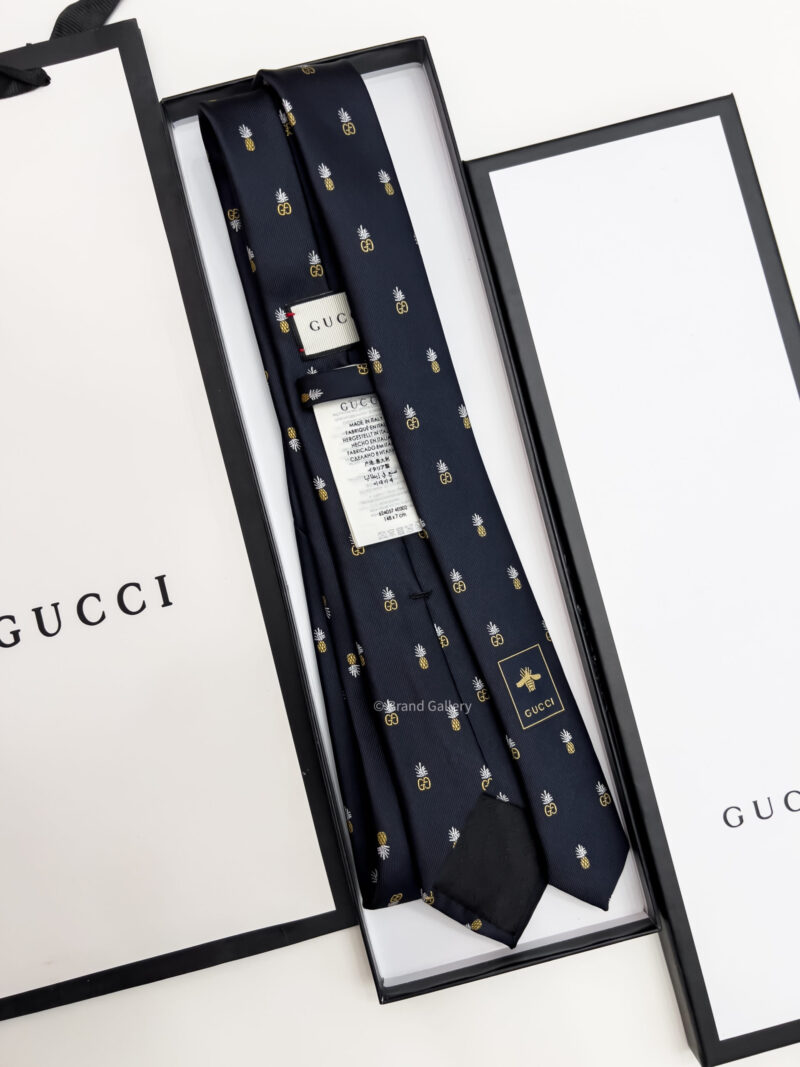 Gucci Navy Black GG AND PINEAPPLES SILK TIE