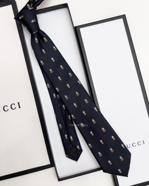 Gucci Navy Black GG AND PINEAPPLES SILK TIE