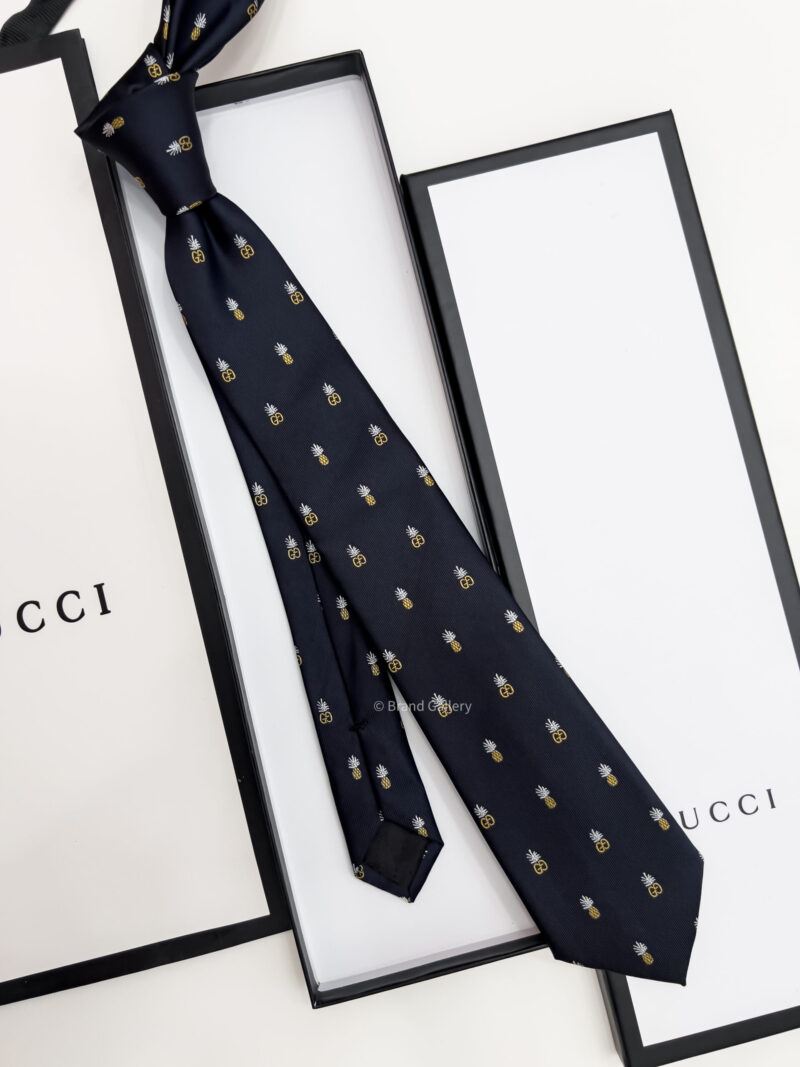 Gucci Navy Black GG AND PINEAPPLES SILK TIE