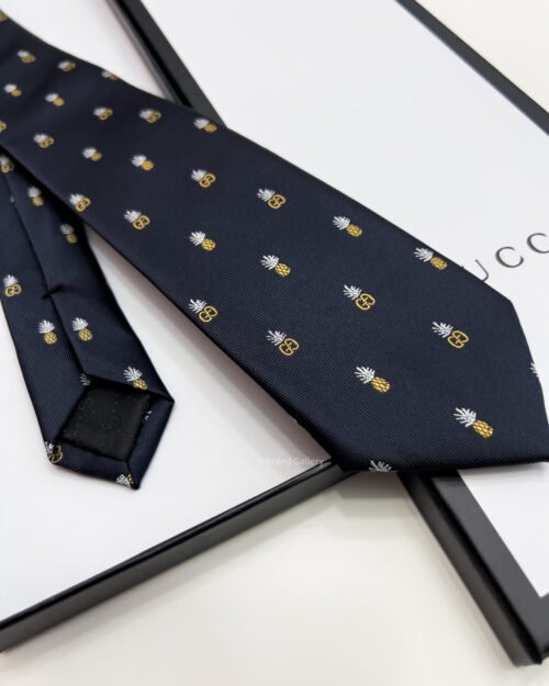 Gucci Navy Black GG AND PINEAPPLES SILK TIE