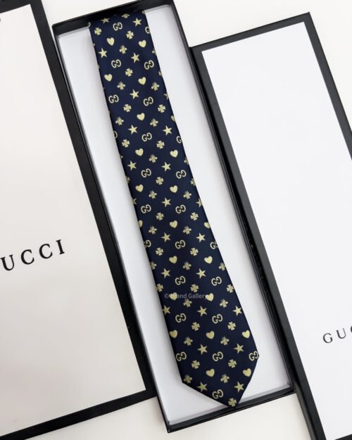 Gucci Navy GG STARS HEARTS PATTERN SILK TIE