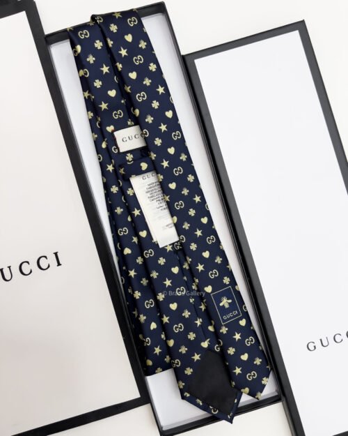 Gucci Navy GG STARS HEARTS PATTERN SILK TIE