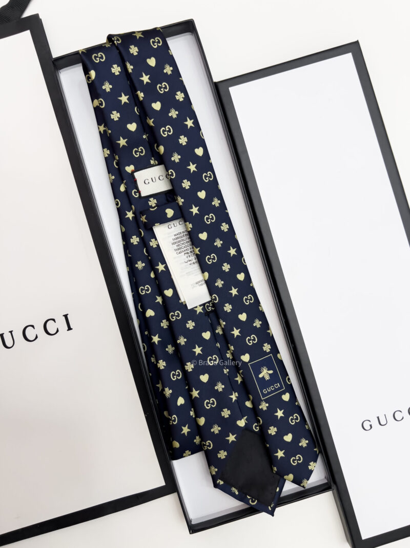 Gucci Navy GG STARS HEARTS PATTERN SILK TIE