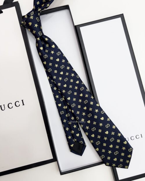 Gucci Navy GG STARS HEARTS PATTERN SILK TIE