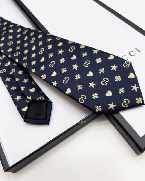 Gucci Navy GG STARS HEARTS PATTERN SILK TIE