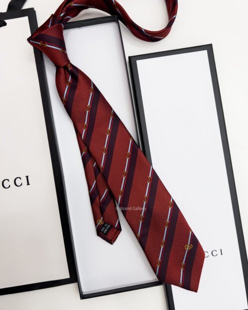 Gucci Dark Red HORSEBIT STRIPED SILK TIE