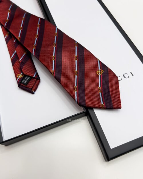 Gucci Dark Red HORSEBIT STRIPED SILK TIE