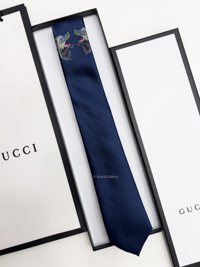 Gucci Dark Blue WOLF LOGO SILK TIE