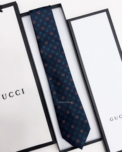 Gucci Navy Green GG FLOWER CHECK SILK TIE