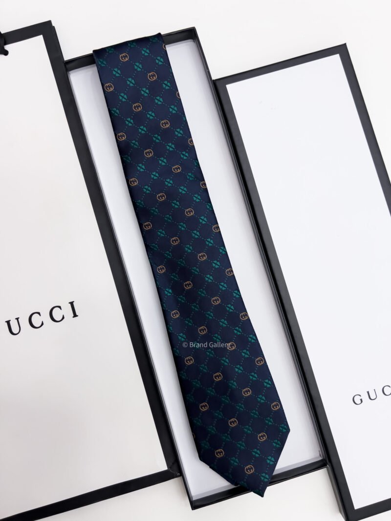 Gucci Navy Green GG FLOWER CHECK SILK TIE
