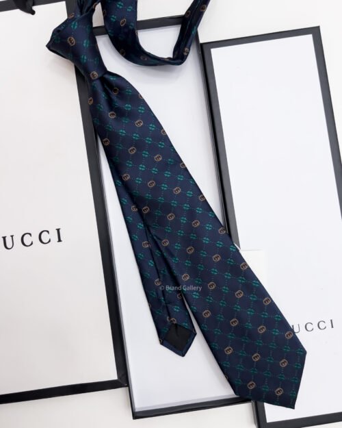 Gucci Navy Green GG FLOWER CHECK SILK TIE