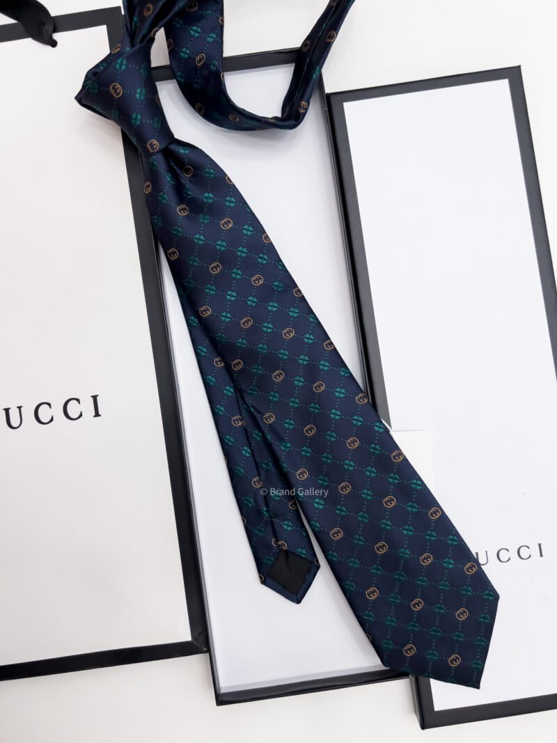 Gucci Navy Green GG FLOWER CHECK SILK TIE