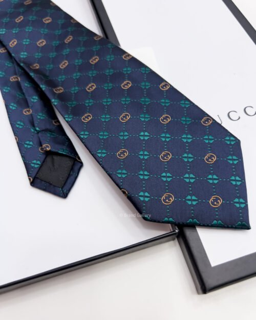 Gucci Navy Green GG FLOWER CHECK SILK TIE