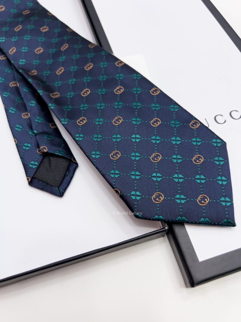 Gucci Navy Green GG FLOWER CHECK SILK TIE
