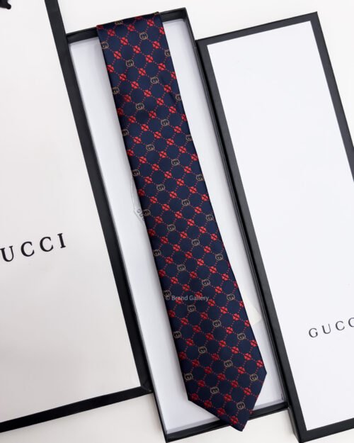 Gucci Navy Red GG FLOWER CHECK SILK TIE