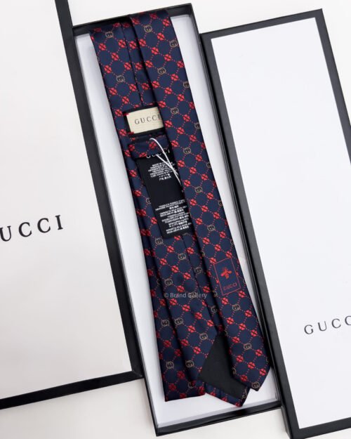Gucci Navy Red GG FLOWER CHECK SILK TIE