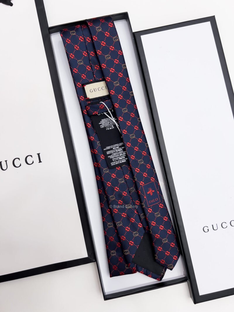 Gucci Navy Red GG FLOWER CHECK SILK TIE