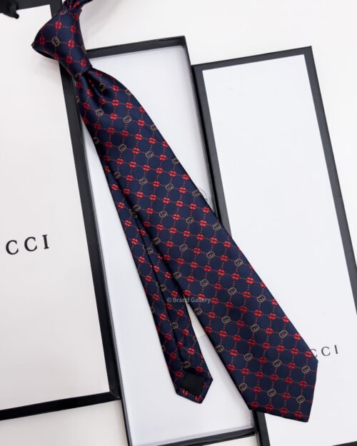 Gucci Navy Red GG FLOWER CHECK SILK TIE