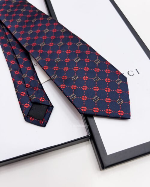 Gucci Navy Red GG FLOWER CHECK SILK TIE