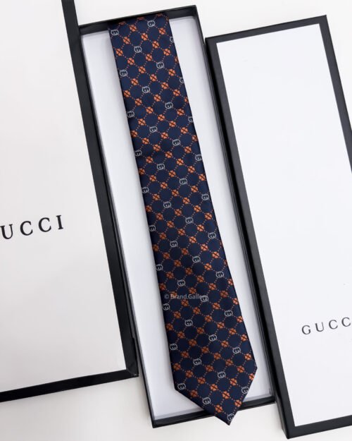 Gucci Navy Orange GG FLOWER CHECK SILK TIE