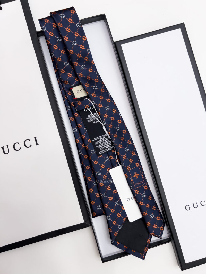 Gucci Navy Orange GG FLOWER CHECK SILK TIE