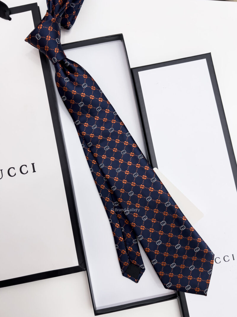 Gucci Navy Orange GG FLOWER CHECK SILK TIE