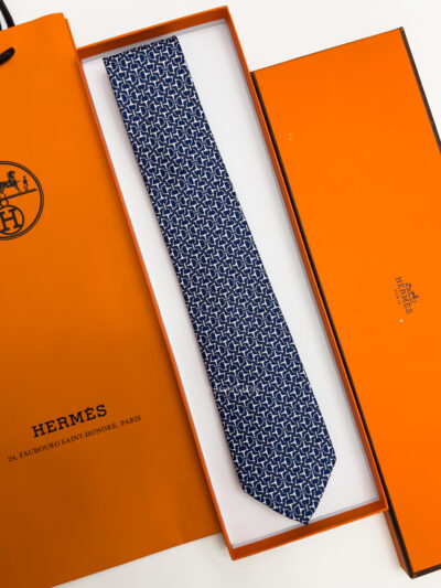 Hermes Navy Blue VECTOR H SILK TIE