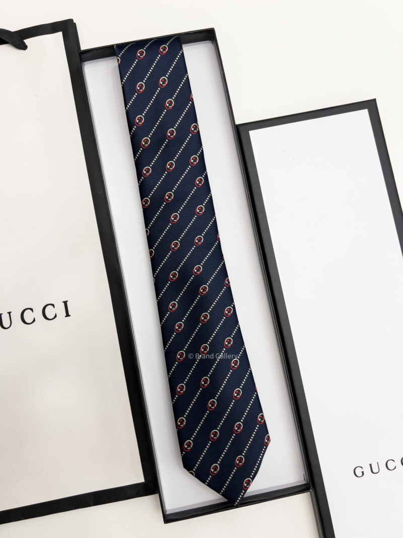 Gucci Navy Red GG DIAGONAL DOTS SILK TIE