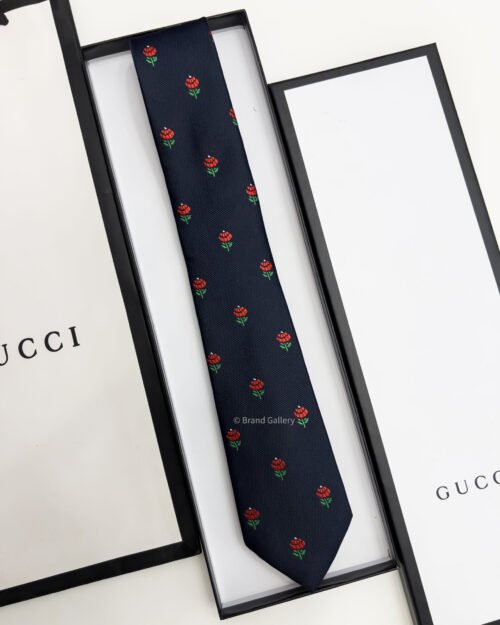 Gucci Navy RED ROSE FLOWER PATTERN SILK TIE