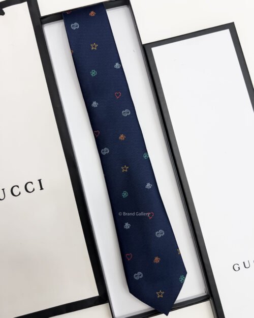 Gucci Navy GG EMBRING SILK JACQUARD TIE