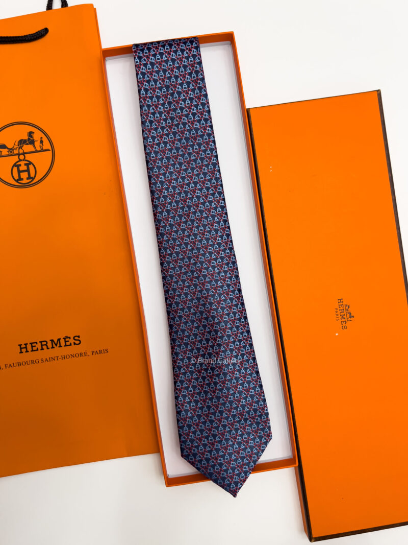 Hermes Navy Blue SQUARE STIRRUP SILK TIE