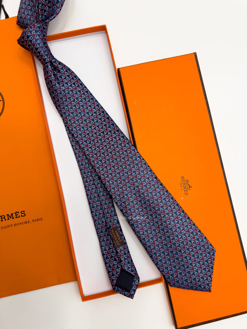 Hermes Navy Blue SQUARE STIRRUP SILK TIE