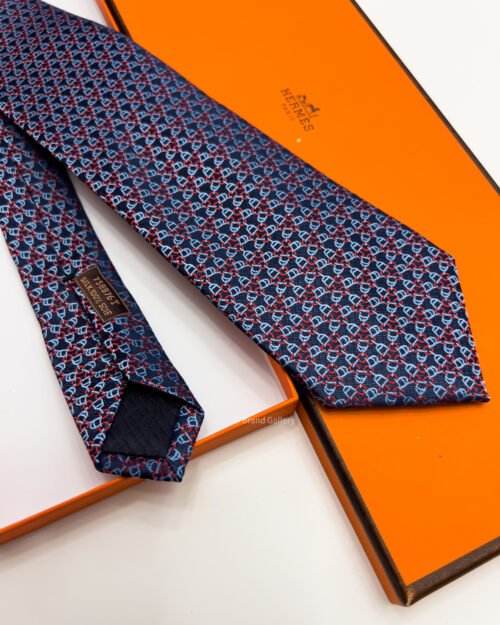 Hermes Navy Blue SQUARE STIRRUP SILK TIE