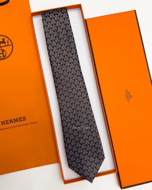 Hermes Brown SQUARE STIRRUP SILK TIE