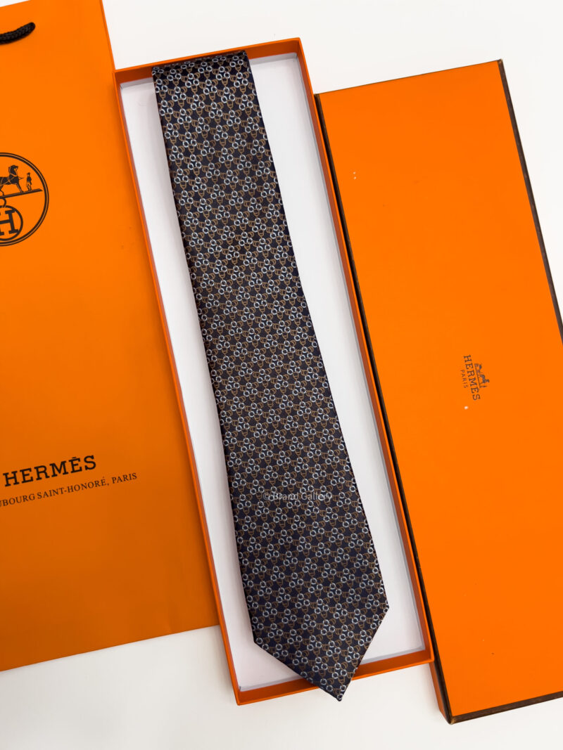 Hermes Brown SQUARE STIRRUP SILK TIE